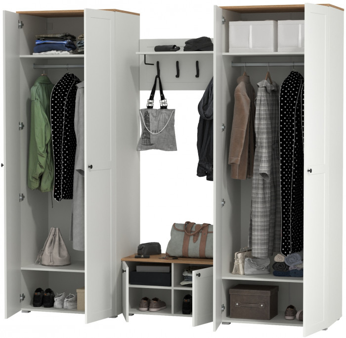 Остин Прихожая 31, цвет белый шагрень/дуб крафт золотой, ШхГхВ 240х54,3х229,6 см., универсальная сборка