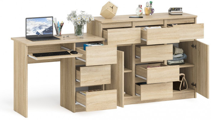 Мори Стол компьютерный МС-6 правый + Комод МК1200.4, цвет дуб сонома, ШхГхВ 210,4х50х94 см., выдвижные ящики справа, НЕ универсальная сборка