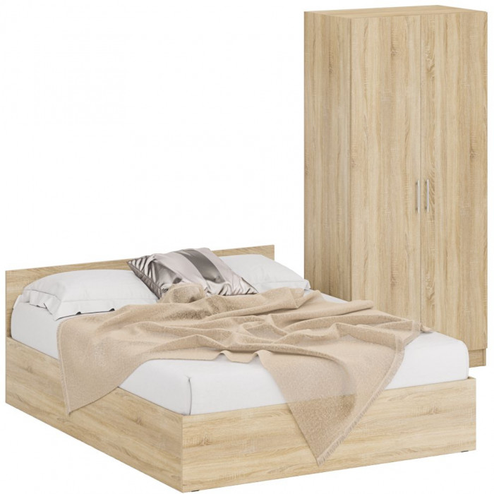 Кровать 1600 + Шкаф 2-х створчатый Стандарт, цвет дуб сонома, ШхГхВ 163,5х203,5х70 + 90х52х200 см., сп.м. 1600х2000 мм., без матраса, основание есть