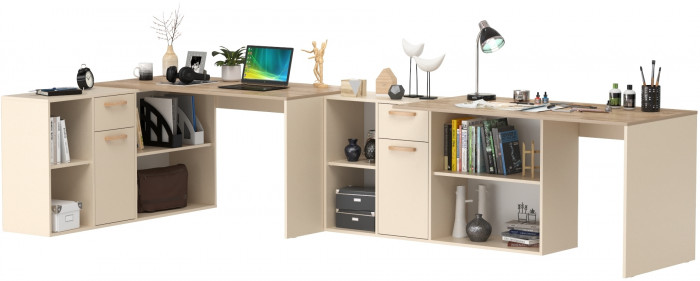 Лайт Стол письменный 03.245F + 03.245F, цвет сатин/дуб эндгрейн элегантный, ШхГхВ 342,7х136х75,2 см.(угловой) или 407х68х75,2 см.(прямой), ун. сборка