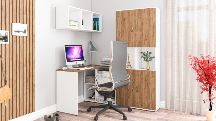 Лидер-8 Стол + Полка + Пенал + Пенал, цвет белый шагрень/крафт золото, ШхГхВ 245х50/30х75/190 или 160х115/30х75/190 см., НЕ универсальная сборка