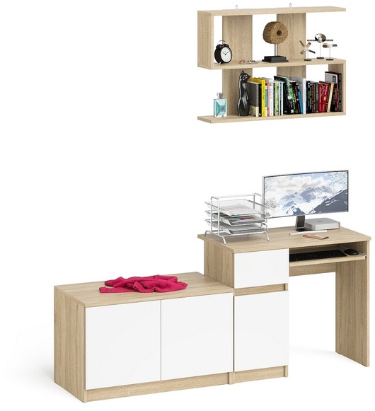 Мори Стол компьютерный МС-1 левый + Тумба МА900.1 + Полка 900, цвет дуб сонома/белый, ШхГхВ 180,4х50,4х209,6 см., НЕ универсальная сборка