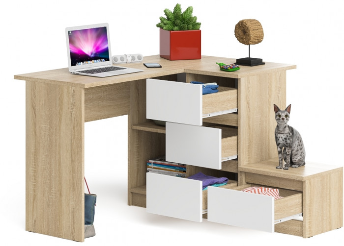 Мори Стол компьютерный МС-16 правый + Тумба ТМП400.1, цвет дуб сонома/белый, ШхГхВ 164,8х84,9х76,6 см., выдвижные ящики справа, НЕ универс. сборка