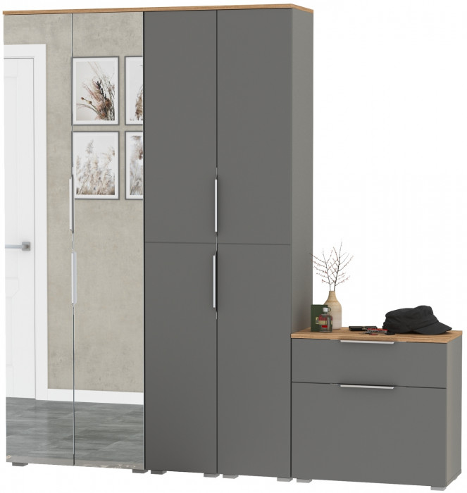 Октава Прихожая 28, цвет серый графит/дуб крафт золотой/фасады МДФ серый графит, ШхГхВ 193,7х35,4х197,6 см., универсальная сборка
