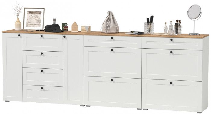 Остин 16.221 Комод + 16.121 Тумба для обуви + 16.121 Тумба для обуви, белый шагрень/дуб крафт золотой