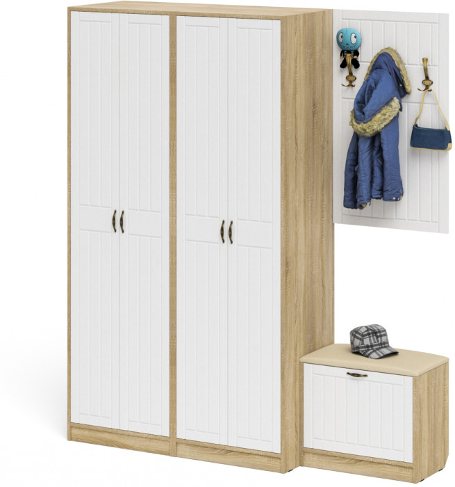 Прихожая П-6 Компоновка № 09, цвет дуб сонома/фасады МДФ белое дерево фрезеровка прованс, ШхГхВ 180х50х210 см., универсальная сборка