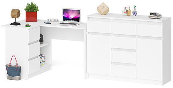 Мори Стол компьютерный МС-16 левый + Комод МК1200.4, цвет белый, ШхГхВ 244,8х84,9х94 см., выдвижные ящики слева, НЕ универсальная сборка