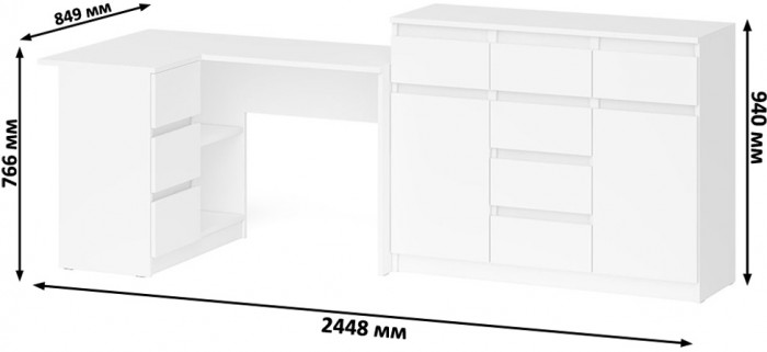 Мори Стол компьютерный МС-16 левый + Комод МК1200.4, цвет белый, ШхГхВ 244,8х84,9х94 см., выдвижные ящики слева, НЕ универсальная сборка
