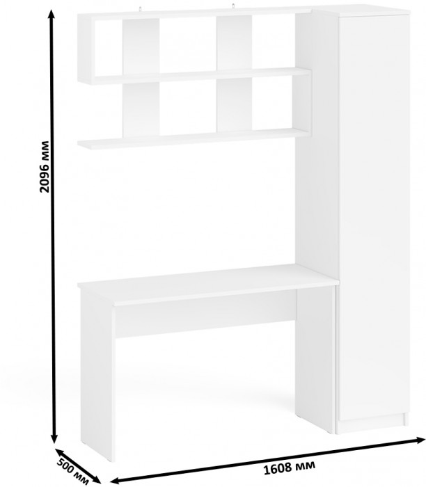 Мори Стол письменный МСП1200.1 + Пенал МШ400.1 + Полка 1200, цвет белый, ШхГхВ 160,8х50,4х209,6 см., универсальная сборка