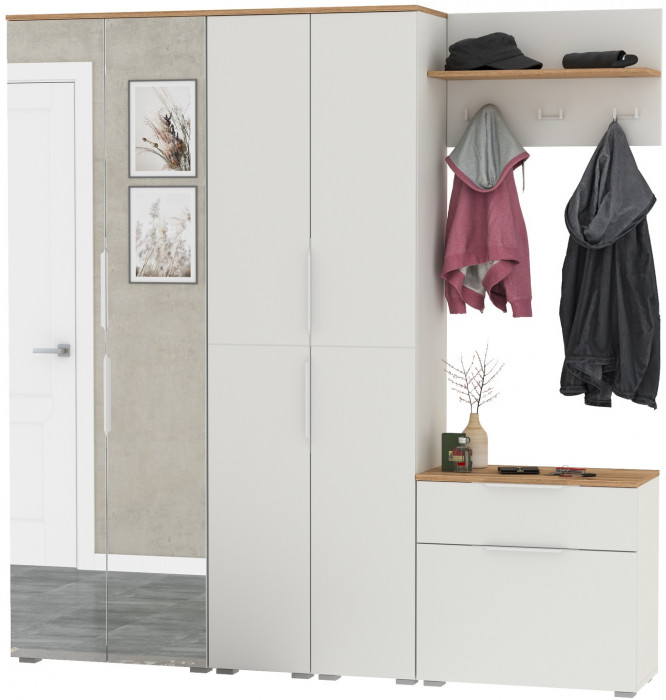 Октава Прихожая 29, цвет белый шагрень/дуб крафт золотой/фасады МДФ белый шагрень, ШхГхВ 193,7х35,4х197,6 см., универсальная сборка