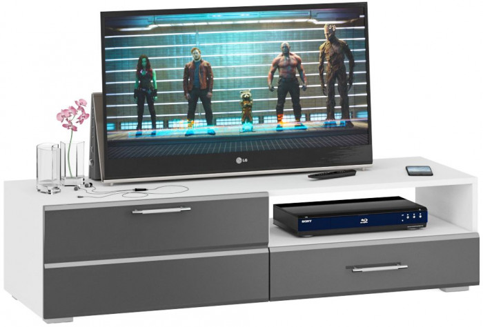 Тумба под ТВ Ларго 1, корпус белый/фасады МДФ графитово-серый глянец