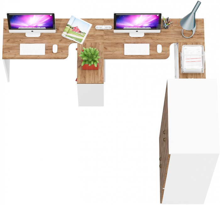 Лидер-8 Стол + Стол + Шкаф МД 19Б + Тумба МД 3.19, белый шагрень/крафт золото