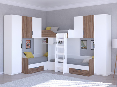 Трехместная кровать ТРИО/3 Белый/Орех