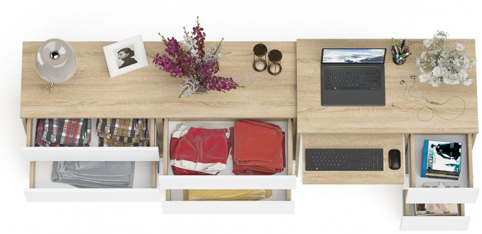 Мори компьютерный стол МС-6 правый + Комод МК1380.6, дуб сонома/белый