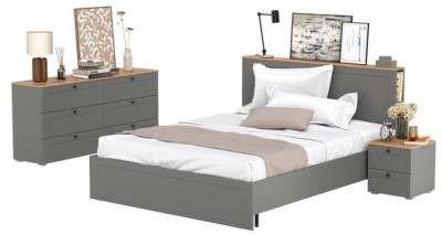 Остин 11.53 Кровать + ортопед + 16.240 Комод + 16.152 Тумба прикроватная, серый графит/дуб крафт золотой