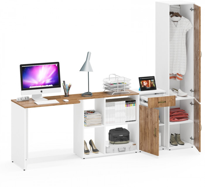 Лидер-8 Стол + Тумба МД 3.15 + Пенал МД 21Б, цвет белый шагрень/крафт золото, ШхГхВ 245х50/37,5х75/190 или 115х160/50х75/190 см., НЕ ун. сборка