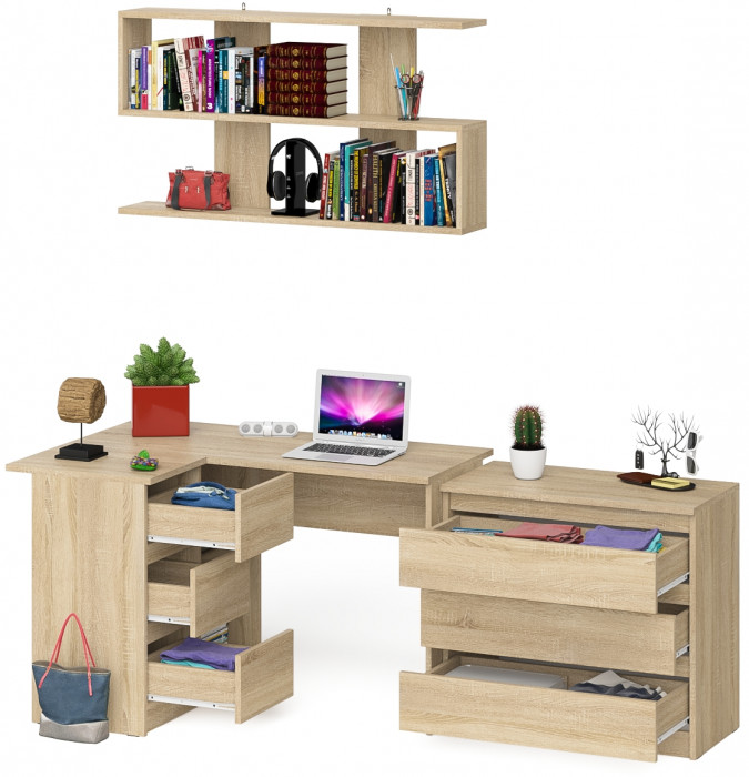 Мори компьютерный стол МС-16 левый + Комод МК800.1 + Полка 1200, дуб сонома