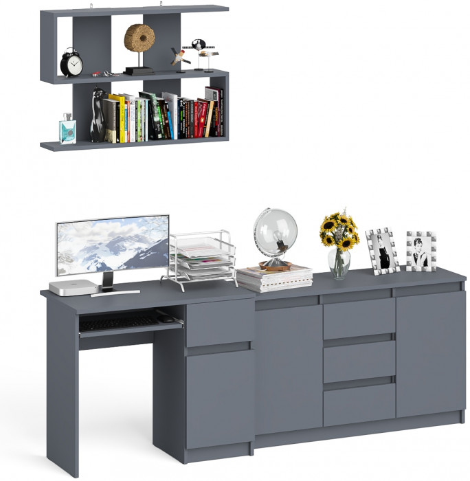 Мори Стол компьютерный МС-1 правый + Комод МК1200.3 + Полка 900, цвет графит, ШхГхВ 210,4х50х209,6 см., НЕ универсальная сборка