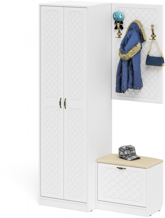 Прихожая П-6 Компоновка № 12, белая шагрень/фасады МДФ белое дерево фрезеровка ромб