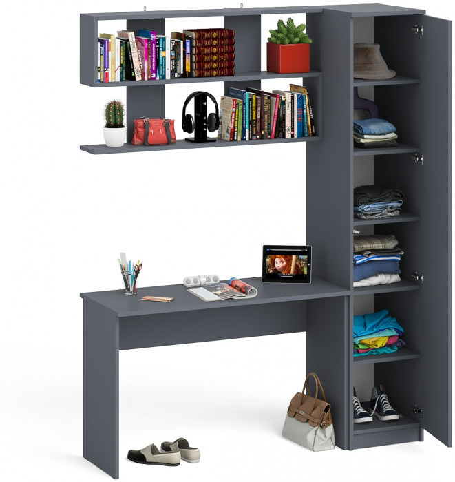 Мори Стол письменный МСП1200.1 + Пенал МШ400.1 + Полка 1200, цвет графит, ШхГхВ 160,8х50,4х209,6 см., универсальная сборка
