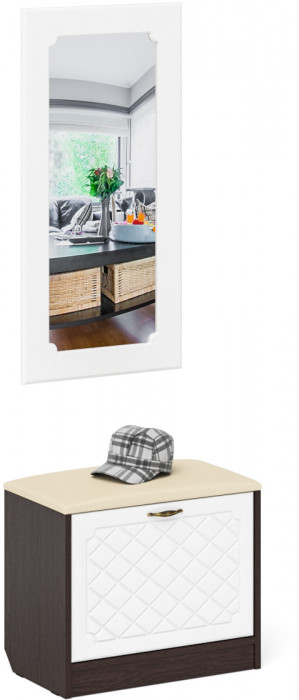 Прихожая П-6 Тумба + Зеркало, цвет венге/фасады МДФ белое дерево фрезеровка ромб, ШхГхВ 60х35х200 см.