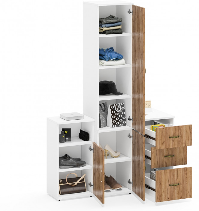 Лидер-8 Пенал МД 22Б + Тумба МД 3.16 + Тумба МД 3.19, цвет белый шагрень/крафт золото, ШхГхВ 120х50х190 см., универсальная сборка