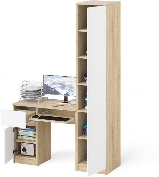 Мори Стол компьютерный МС-1 левый + Пенал МШ400.1, цвет дуб сонома/белый, ШхГхВ 130,4х50,4х209,6 см., выдвижной ящик слева, НЕ универсальная сборка