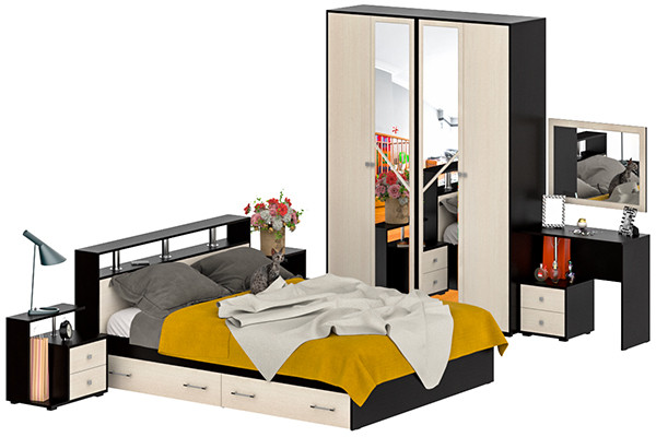 Камелия спальня № 9 Кровать с ящиками 1600 + Две тумбы + Стол космет. + Зеркало + Шкаф 4-х, цвет венге/дуб лоредо, сп.м. 1600х2000 мм., б/м, осн. есть