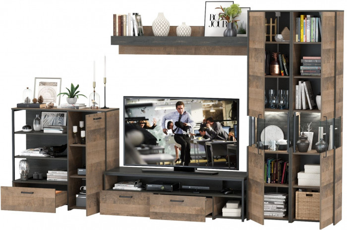 Трувор Гостиная 035, цвет дуб гранж песочный/интра, ШхГхВ 348,4х45,4х210 см., универсальная сборка