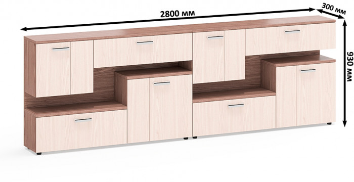 Две тумбы ТВ С-МД-С1-1400, цвет ясень шимо светлый/ясень шимо тёмный, ШхГхВ 280х30х93 см., НЕ универсальная сборка