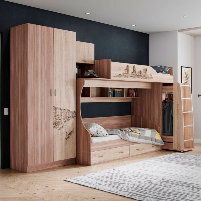 Орион кровать с ящиками (700х1932х850) ясень шимо/дуб сонома