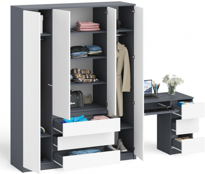 Мори Стол компьютерный МС-6 правый + Шкаф МШ1600.1, цвет графит/белый, ШхГхВ 250,4х50,4х209,6 см., выдвижные ящики справа, НЕ универсальная сборка