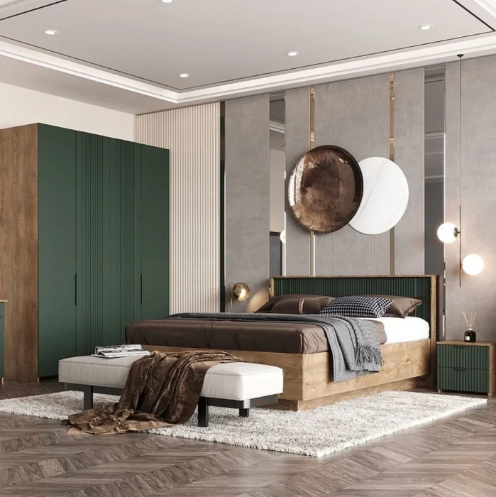 Кровать 160х200 "Герта" с щитовым основанием - Дуб канзас/Зеленый матовый