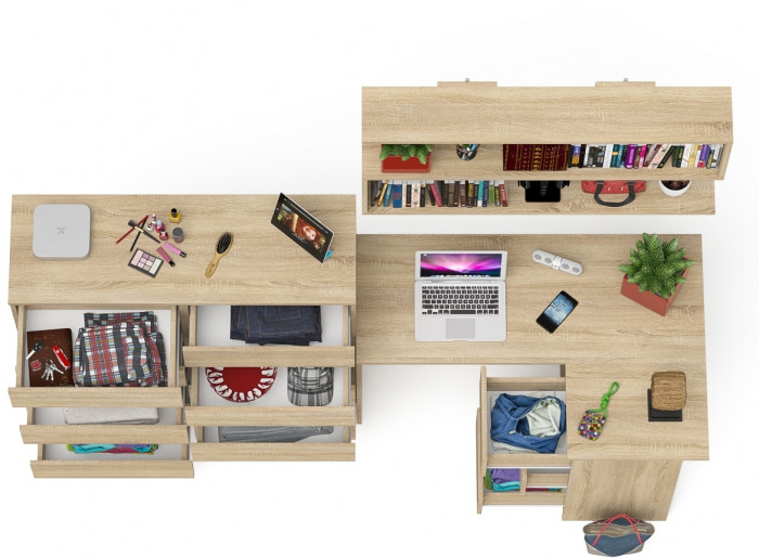 Мори компьютерный стол МС-16 правый + Комод МК1200.10 + Полка 1200, дуб сонома