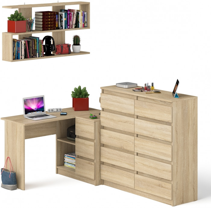 Мори компьютерный стол МС-16 правый + Комод МК1200.10 + Полка 1200, дуб сонома