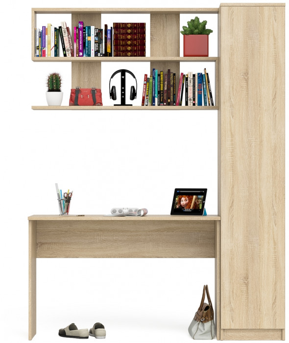 Мори Стол письменный МСП1200.1 + Пенал МШ400.1 + Полка 1200, цвет дуб сонома, ШхГхВ 160,8х50,4х209,6 см., универсальная сборка