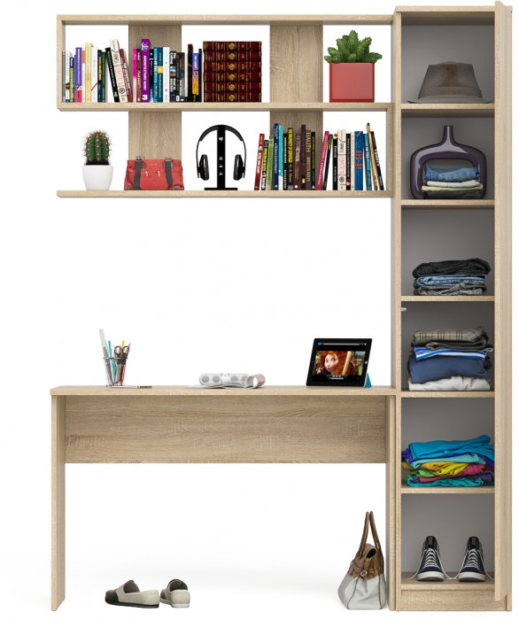 Мори Стол письменный МСП1200.1 + Пенал МШ400.1 + Полка 1200, цвет дуб сонома, ШхГхВ 160,8х50,4х209,6 см., универсальная сборка