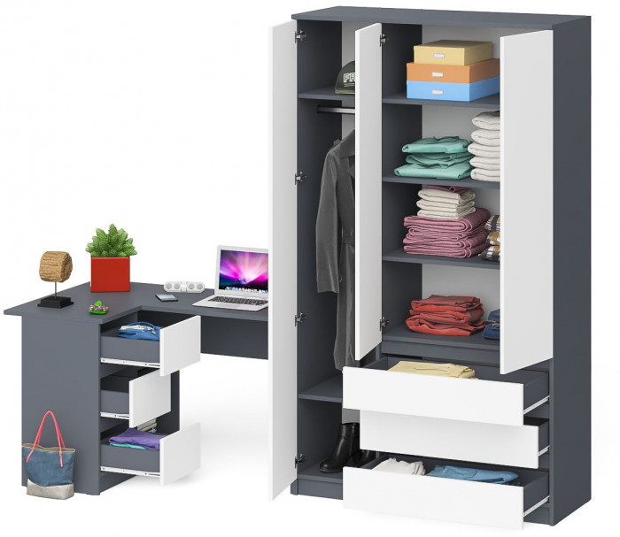 Мори компьютерный стол МС-16 левый + Шкаф МШ1200.1, графит/белый