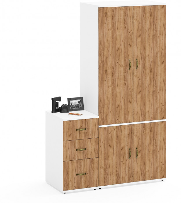 Лидер-8 Шкаф МД 19Б + Тумба МД 3.16, цвет белый шагрень/крафт золото, ШхГхВ 120х50х190 см., универсальная сборка