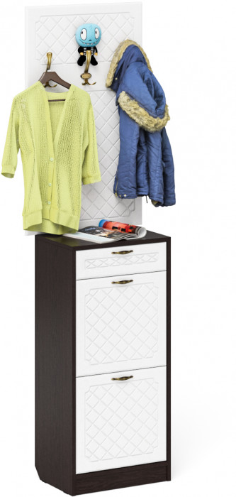 Прихожая П-6 Тумба для обуви 2 секции + Вешалка, цвет венге/фасады МДФ белое дерево фрезеровка ромб, ШхГхВ 50х35х210 см.