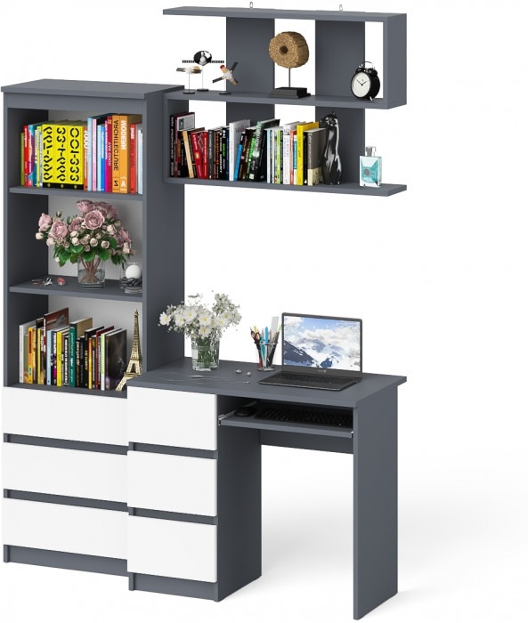 Мори компьютерный стол МС-6 левый + Стеллаж МСТ600.3 + Полка 900, графит/белый