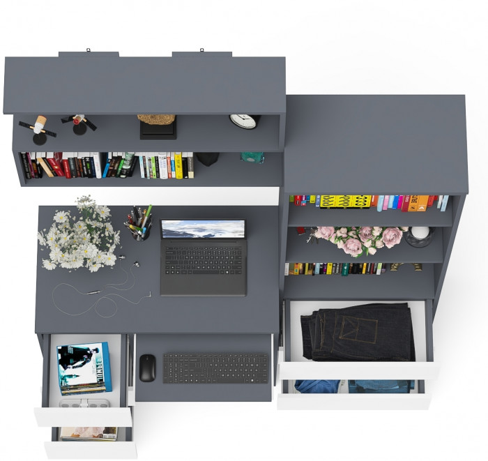 Мори компьютерный стол МС-6 левый + Стеллаж МСТ600.3 + Полка 900, графит/белый