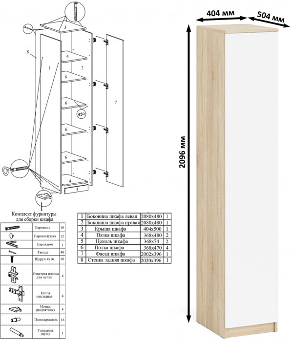 Мори Стол письменный МСП1200.1 + Пенал МШ400.1 + Полка 1200, цвет дуб сонома/белый, ШхГхВ 160,8х50,4х209,6 см., универсальная сборка