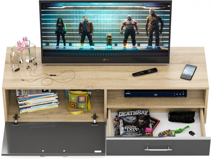 Тумба под ТВ Ларго 1, корпус дуб сонома/фасады МДФ графитово-серый глянец