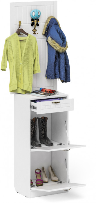 Прихожая П-6 Тумба для обуви 2 секции + Вешалка, цвет белая шагрень/фасады МДФ белое дерево фрезеровка прованс, ШхГхВ 50х35х210 см.