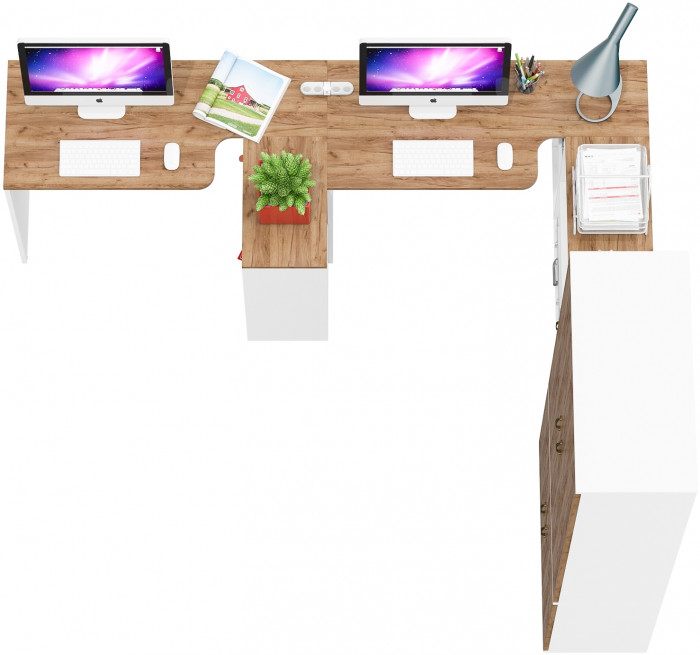 Лидер-8 Стол + Стол + Шкаф МД 20Б + Тумба МД 3.19, белый шагрень/крафт золото