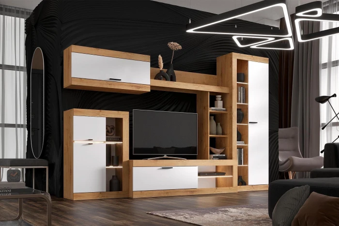 Прага Модульная Гостиная, вариант №4, Дуб Вотан/Белый глянец