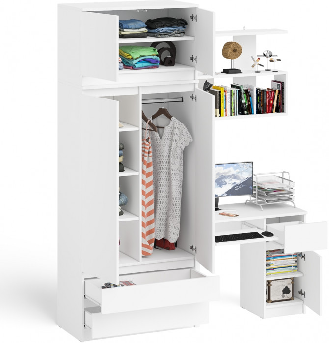 Мори компьютерный стол МС-1 правый + Шкаф МШ900.1 + Антресоль МА900.1 + Полка 900, белый