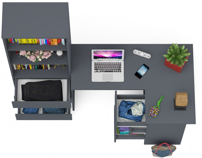 Мори компьютерный стол МС-16 правый + Стеллаж МСТ600.3, графит