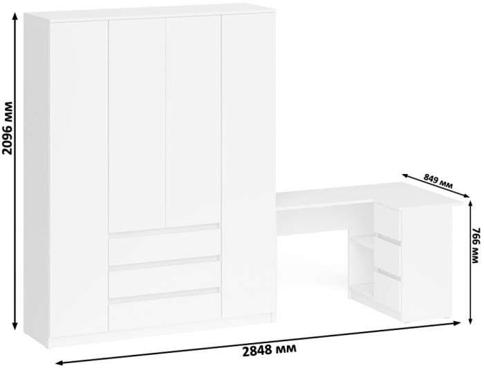 Мори Стол компьютерный МС-16 правый + Шкаф МШ1600.1, цвет белый, ШхГхВ 284,8х84,9х209,6 см., выдвижные ящики справа, НЕ универсальная сборка